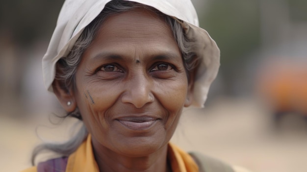 Una sonriente trabajadora de la construcción india de alto nivel parada en un sitio de construcción