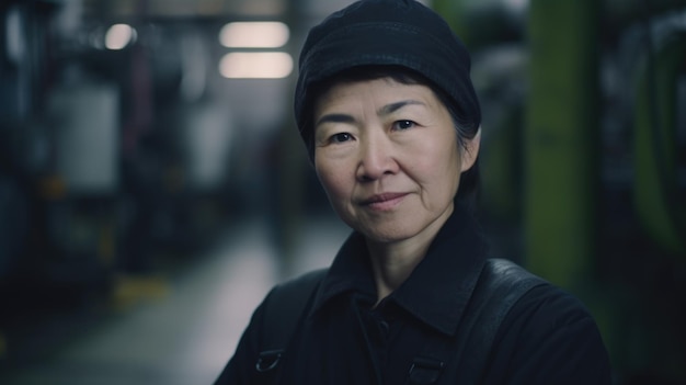 Una sonriente trabajadora de una fábrica china de alto nivel parada en una planta de refinería de petróleo