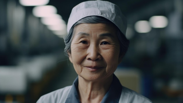 Una sonriente trabajadora de fábrica electrónica china de alto nivel parada en la fábrica