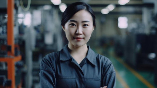 Una sonriente trabajadora de fábrica electrónica china parada en la fábrica
