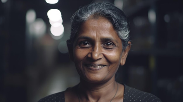 Una sonriente trabajadora de fábrica electrónica india de alto nivel parada en la fábrica