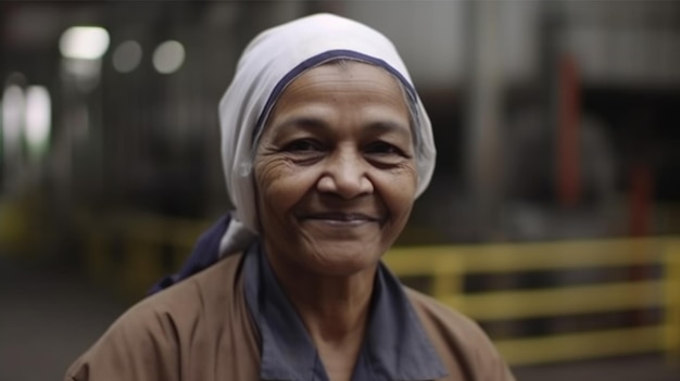 Una sonriente trabajadora de una fábrica india de alto nivel parada en una planta de refinería de petróleo