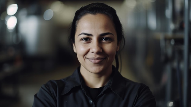 Una sonriente trabajadora hispana de fábrica electrónica parada en la fábrica