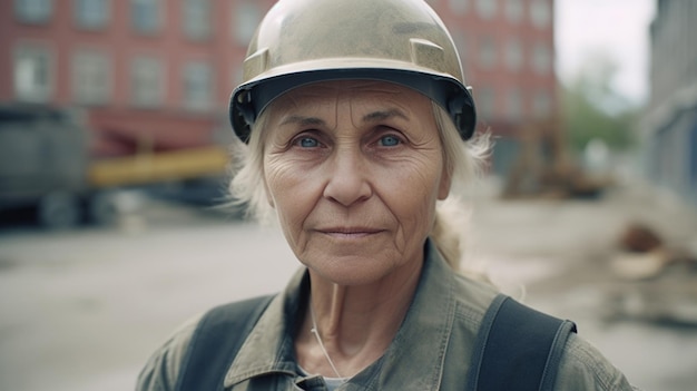 Una sonriente trabajadora sueca de la construcción parada en un lugar de construcción