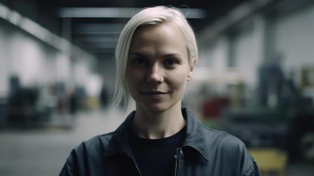 Una sonriente trabajadora sueca parada en una fábrica de láminas de metal