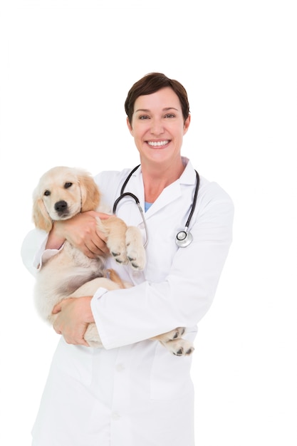 Sonriente veterinario con un lindo perro en sus brazos