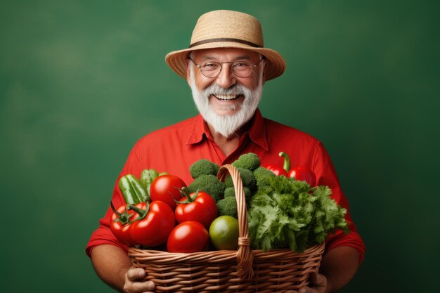 Sonriente viejo granjero sosteniendo una cesta con verduras de cosecha de otoño fondo verde