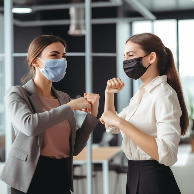 Foto sonrientes colegas femeninas diversas que llevan máscaras protectoras saludando golpeando codos en el lugar de trabajo