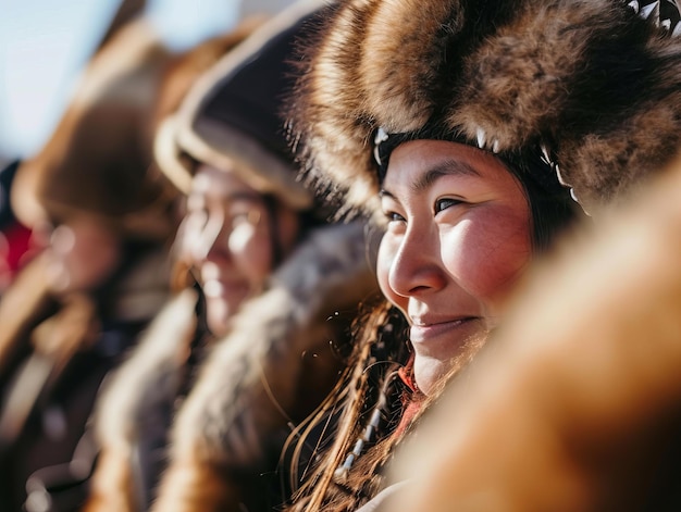 Sonrientes inuit nativos indígenas de Groenlandia vestidos con coloridas ropas nativas