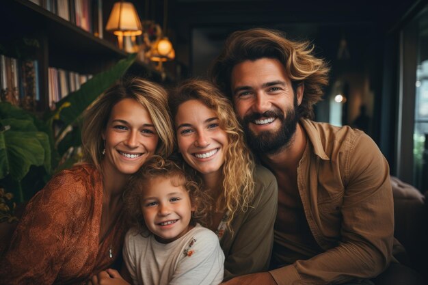 Sonrisa amor y retrato de la familia en un sofá en la sala de estar