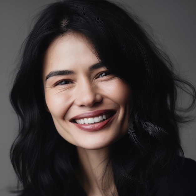 Sonrisa asiática mujer con cabello negro tiro del estudio