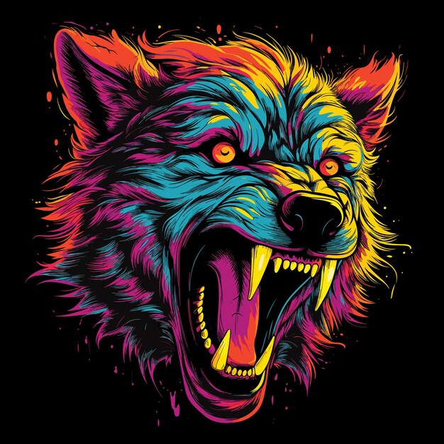 Sonrisa de una bestia salvaje retrato de primer plano de un lobo malvado y aterrador con mandíbulas abiertas en estilo de arte vectorial