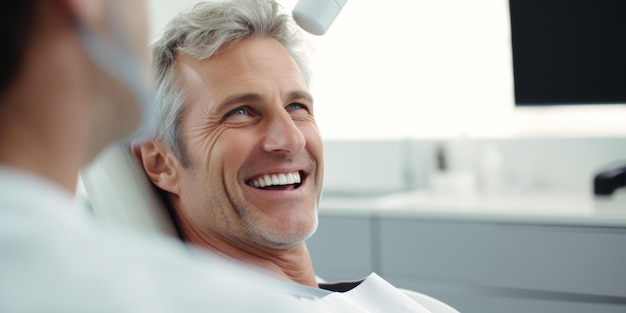 Foto la sonrisa blanca como la nieve de un hombre de mediana edad en la oficina del dentista ia generativa