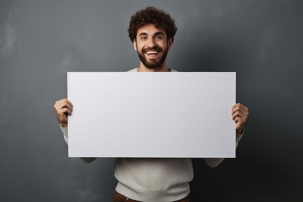 La sonrisa brillante del hombre se encuentra con un lienzo de tablero blanco vacío con fondo gris