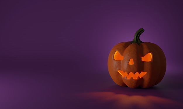 Sonrisa de calabaza de Halloween y ojos aterradores que brillan intensamente dentro de un fondo púrpura. Diseño con espacio de copia. 3d