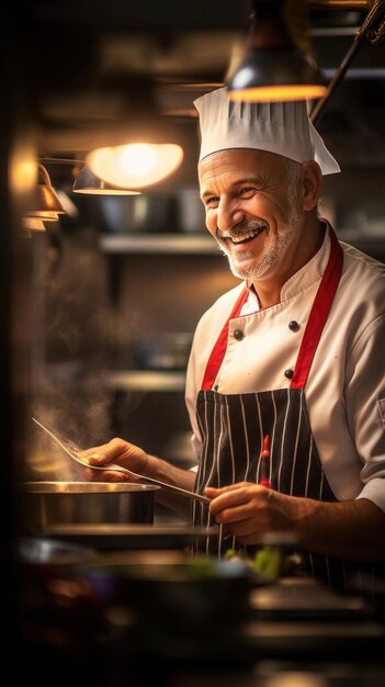 La sonrisa del chef y el ambiente de la cocina reflejan la magia de la creación culinaria