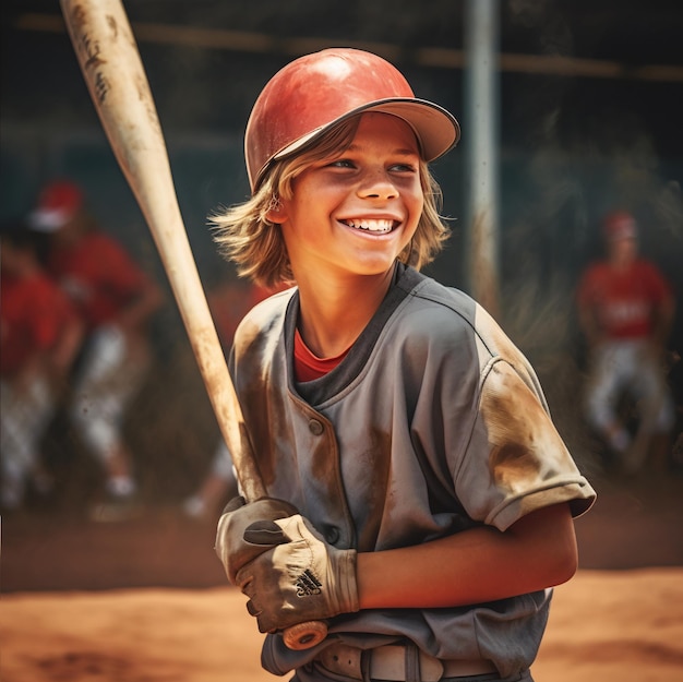 sonrisa chico jugador de softbol sostener un bate