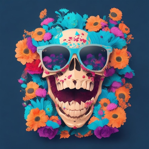 sonrisa de cráneo ilustración 3d render feliz humor horro con gafas de sol rodeadas de flores