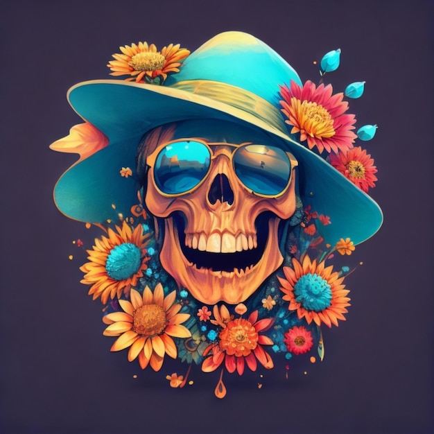 sonrisa de cráneo ilustración 3d render feliz humor horro con gafas de sol rodeadas de flores