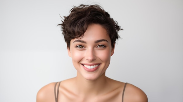 Foto la sonrisa dentada de una joven morena sonriente con un corte de pelo corto perfecto y piel limpia y hidratada