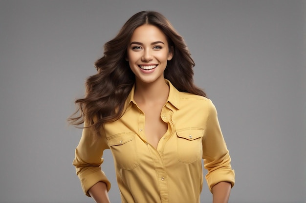 Sonrisa dorada abrazando el deleite de una mujer vestida de amarillo