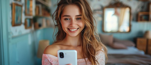 Una sonrisa feliz y bonita mujer latina con un teléfono móvil está usando aplicaciones de moda en su teléfono escribiendo un mensaje comprando en el comercio electrónico mirando su teléfono y sonriendo feliz El fondo es azul