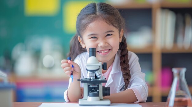 Sonrisa feliz de un niño pequeño y aprendizaje en el laboratorio escolar utilizando el concepto de ciencia y educación del microscopio