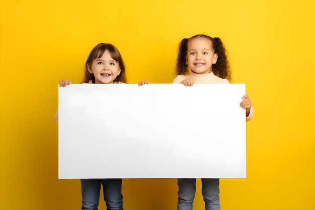 Sonrisa feliz niños witj gran tablero vacío para su texto aislado sobre fondo amarillo concepto ai