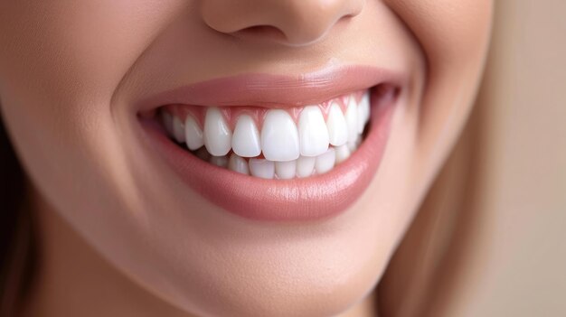 Sonrisa femenina con dientes blancos naturales en primer plano.