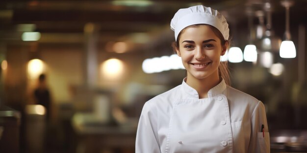 La sonrisa genuina de una mujer chef encarna el arte de la cocina.