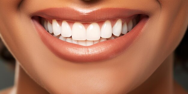 Sonrisa hermosa con dientes y encías blancos y sanos Cuidado bucal e higiene concepto dental Generativo Ai