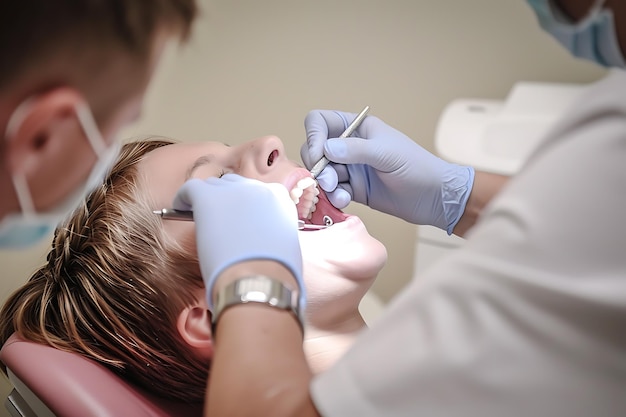 Foto sonrisa hermosa y dientes sanos concepto de práctica dental generado por la ia