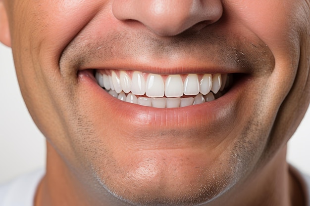 Sonrisa impecable de un hombre de mediana edad de primer plano dientes perfectamente blancos después de un procedimiento dental