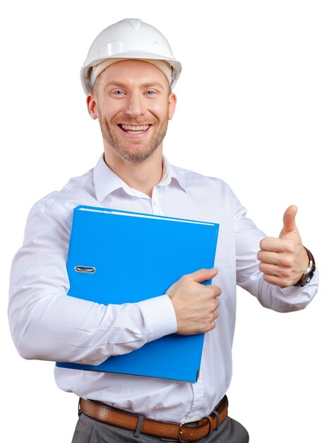 Sonrisa joven feliz del arquitecto del hombre de negocios