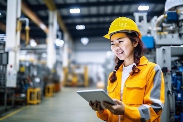 sonrisa joven ingeniera asiática usando una tableta