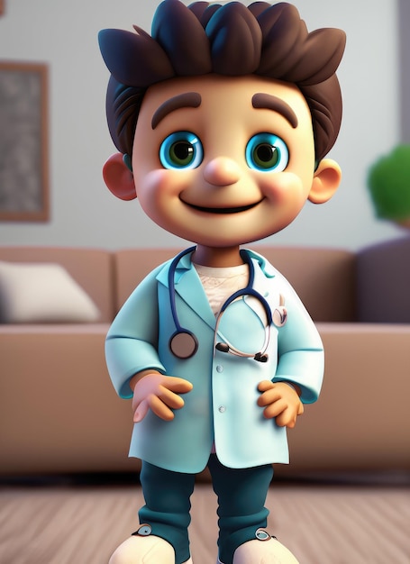 Sonrisa linda en 3D pequeño niño médico con ojos grandes