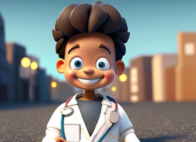 Sonrisa linda en 3D pequeño niño médico con ojos grandes