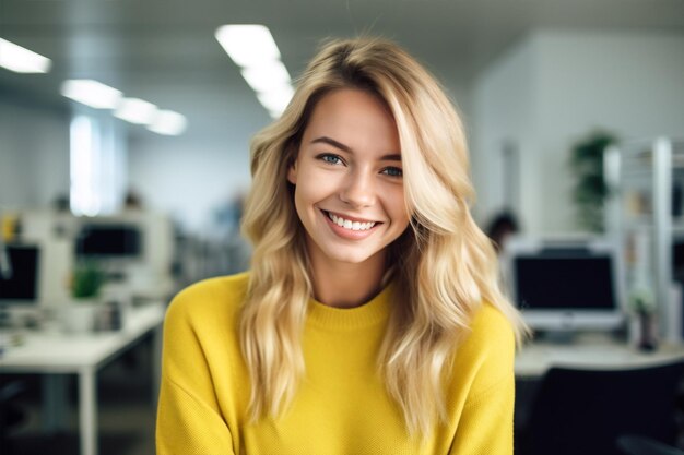 Sonrisa mujer amarillo trabajando oficina de negocios adulto en el interior empresaria emprendedora rizado IA generativa