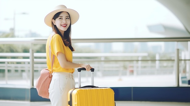 Sonrisa Mujer de Asia en el aeropuerto con maletas multicolores Concepto de viaje IA generativa