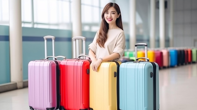 Sonrisa Mujer de Asia en el aeropuerto con maletas multicolores Concepto de viaje IA generativa