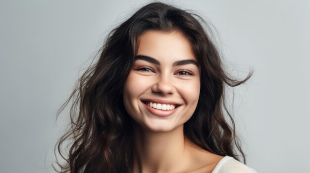 Sonrisa de mujer bonita contra un fondo gris