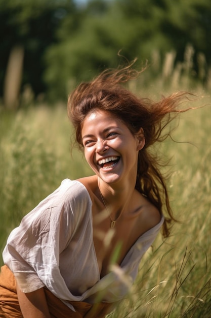 Sonrisa de mujer y felicidad en la naturaleza sintiéndose libre mientras juega afuera en un día de verano