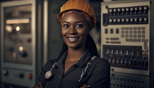 Sonrisa negra ingeniera eléctrica industrial con un casco de seguridad en la cabeza parada frente a un panel de control tocando el monitor de pantalla Máquinas CNC en la fábrica AI Generativo