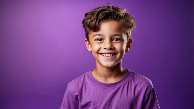 Sonrisa de niño aislada en fondo púrpura brillante con espacio de copia