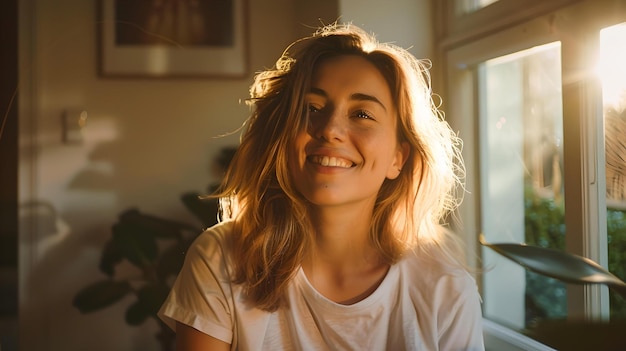 Sonrisa radiante en una cálida luz interior estilo de vida casual retrato de mujer alegre abrazando el amanecer en casa perfecto para decoración o publicidad IA