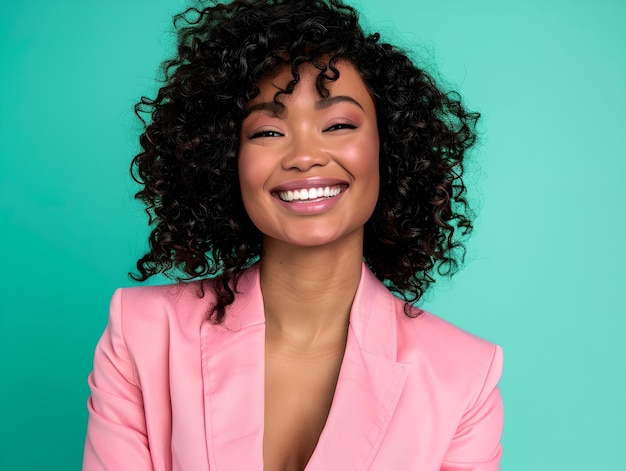 Sonrisa radiante y elegante blazer rosa en una joven retrato alegre con fondo turquesa moda y confianza ejemplificada por la IA