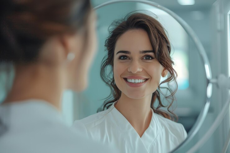 Sonrisa radiante Una mujer de blanco refleja la alegría en el espejo