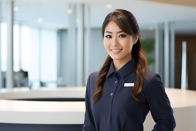 sonrisa de recepcionista traje marino y blanco