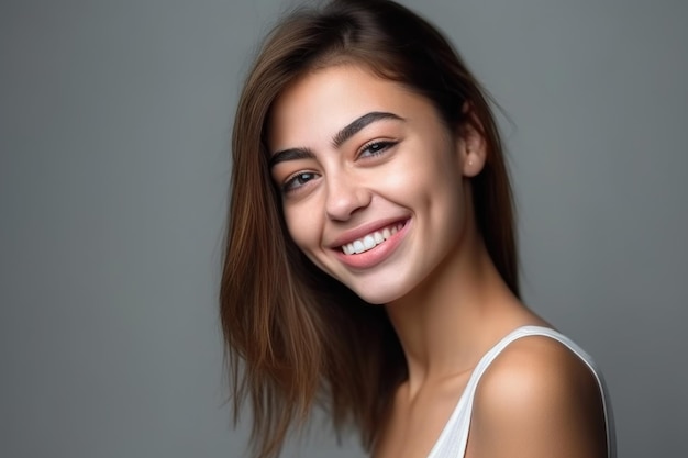 Sonrisa de retrato facial y mujer en estudio con modelo de felicidad creado con ai generativo