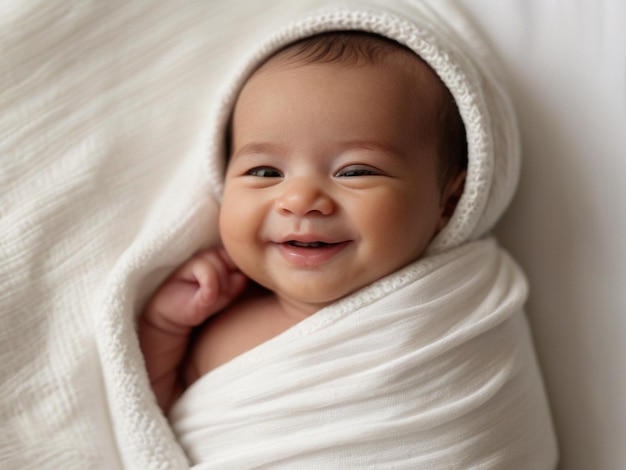 Foto una sonrisa serena de un bebé capturada en una cama blanca